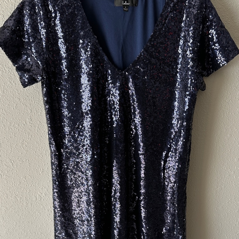Lulu's Midnight Blue Sequin Short Sleeve Dress